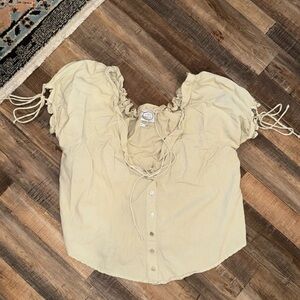 KINGA CSILLA Cotton & Linen Tan Puff Sleeve Boho Button Down Short Sleeve Top 6